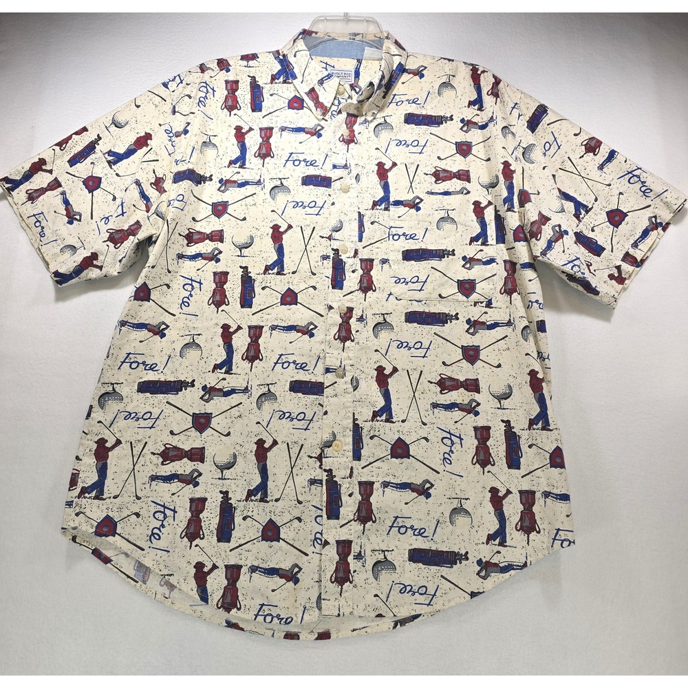 Bugle Boy Company Mens Large Golf Print Short Sleeve Button Down Shirt Cream Red